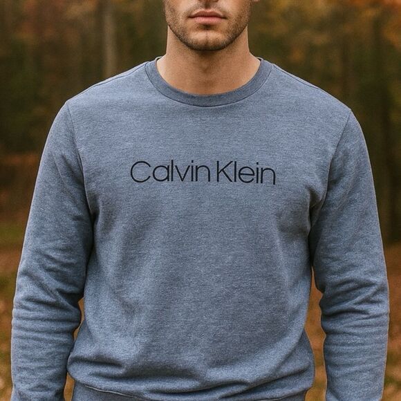 Calvin Klein Sweatshirt Mens XL Blue Logo Crewneck Pullover Cotton Blend Fall - Picture 1 of 9